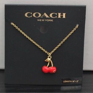 New Coach Cherry Charm Pendant Necklace; Gold/Red. With Tag, Card and Polybag